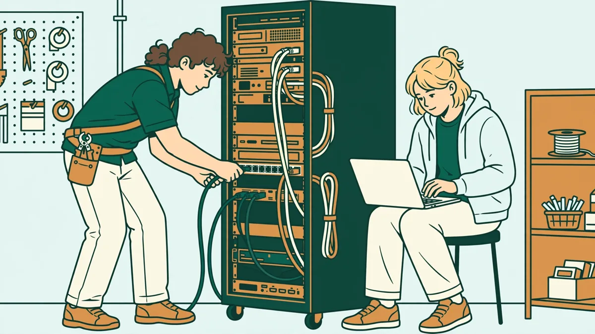 Deux apprentis câblent une baie réseau dans une salle informatique, l'un branchant un câble pendant que l'autre contrôle sur un portable.