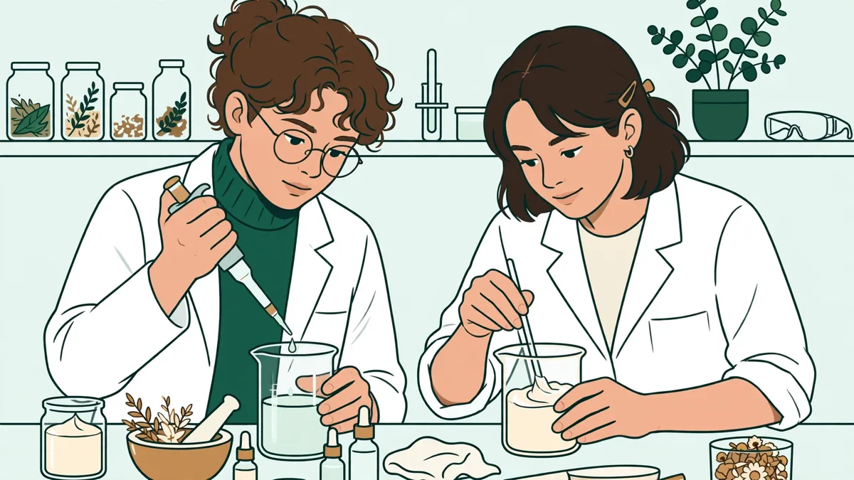 Deux apprentis en blouse blanche fabriquent une crème sur une paillasse, l'un dose à la pipette pendant que l'autre mélange un bécher.