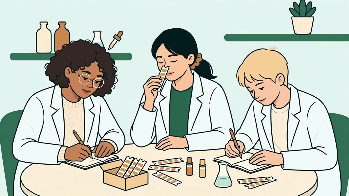 Trois apprentis en blouse comparent des mouillettes à parfum autour d'une table, l'une sent une bandelette pendant que les autres écrivent.