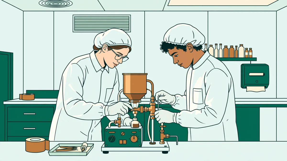 Deux apprentis en blouse et charlotte qui règlent ensemble une remplisseuse dans un atelier propre et lumineux.
