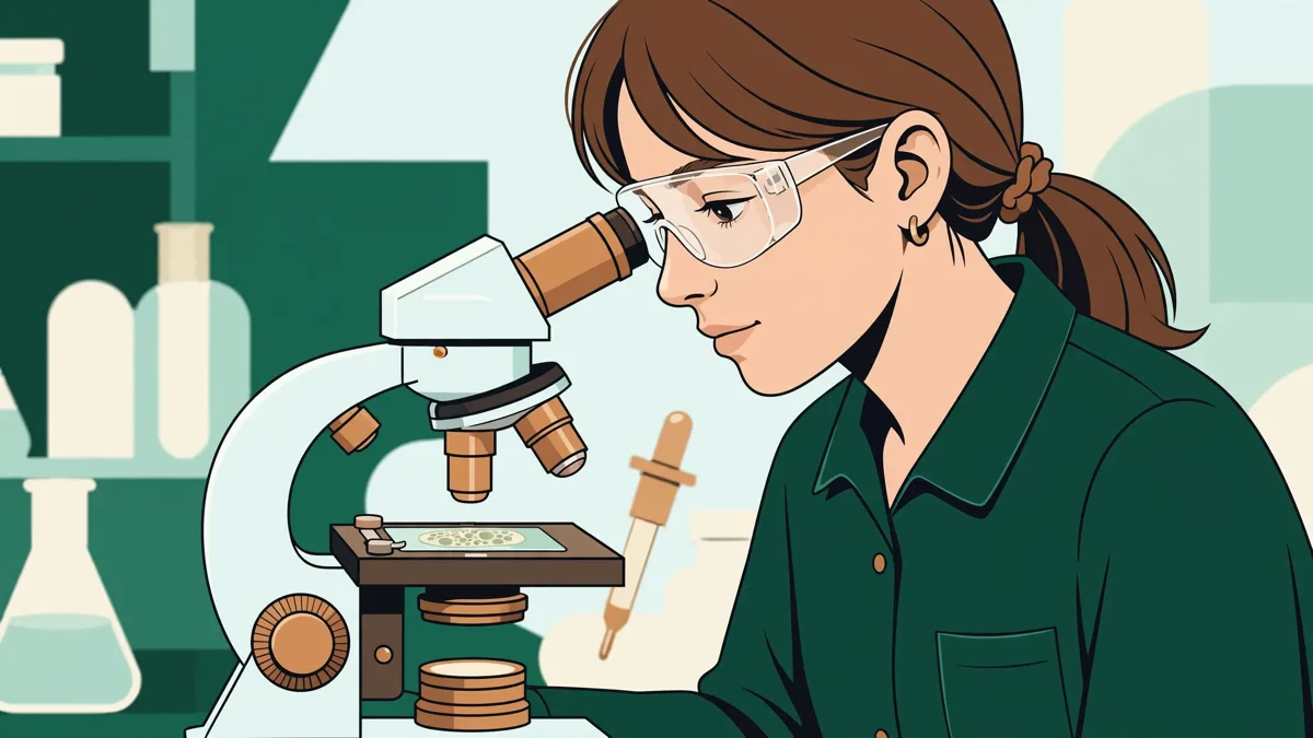 Une apprentie en blouse et charlotte qui observe un échantillon au microscope dans un laboratoire clair.