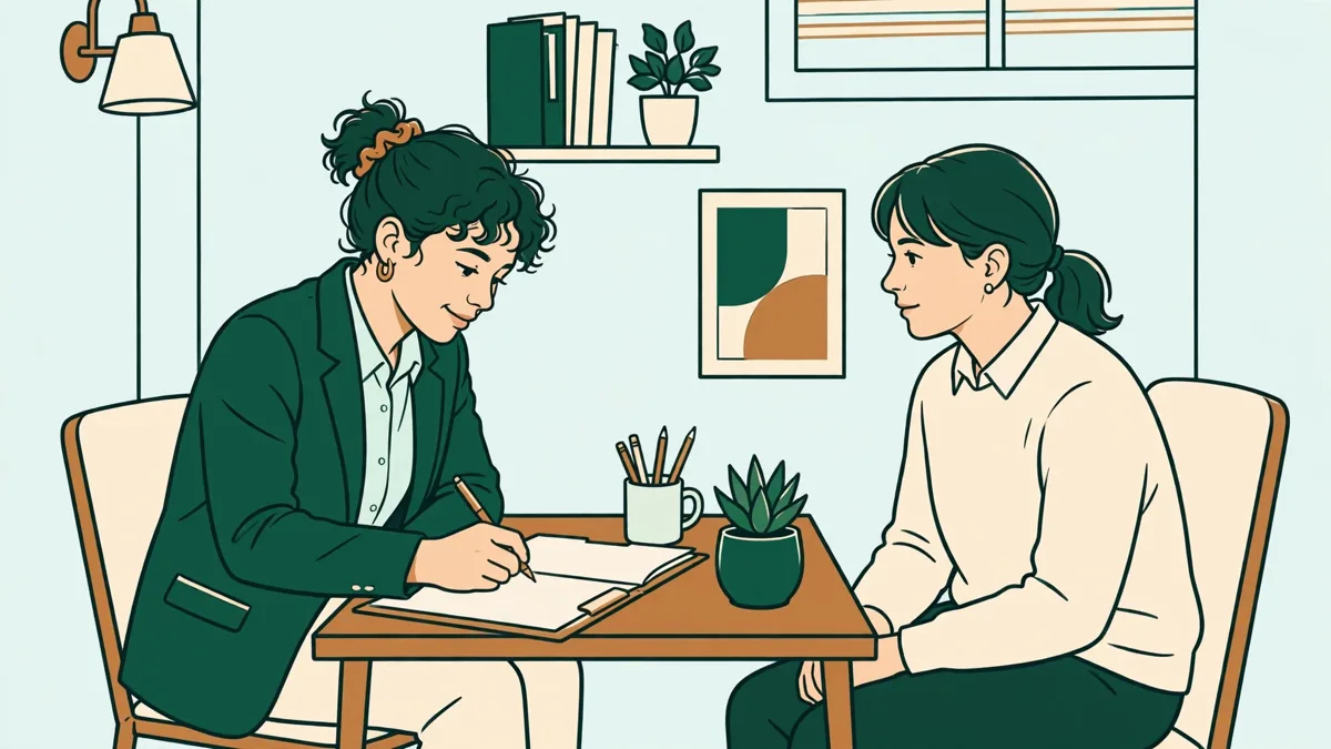 Une apprentie RH mène un entretien de recrutement dans un petit bureau et prend des notes face à une candidate