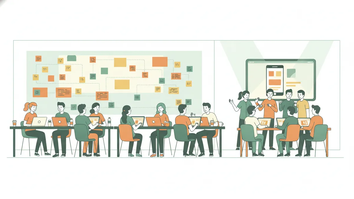 Des équipes de jeunes qui codent ensemble sur leurs ordinateurs et présentent une application mobile devant un petit jury, comme lors d'un projet ou d'un hackathon.