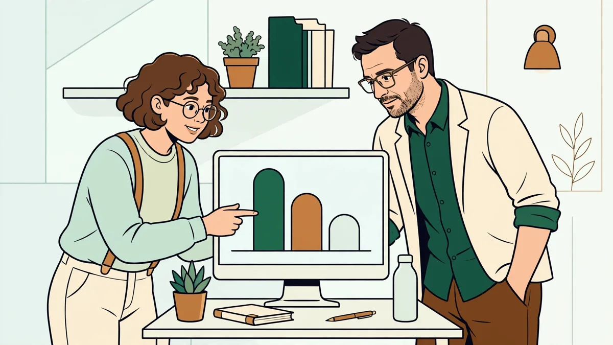 Une apprentie qui présente un tableau de budget à son tuteur devant un écran en entreprise