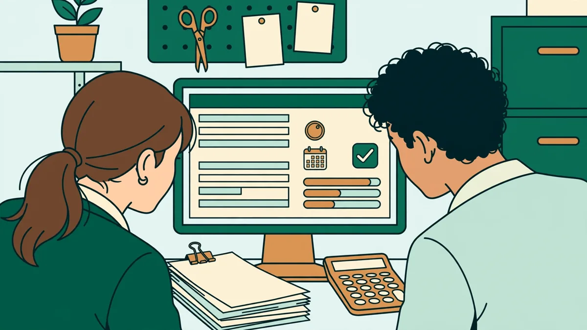 Illustration : deux apprentis en gestion de paie comparent un bulletin affiché à l'écran et repèrent ensemble une ligne de cotisations.