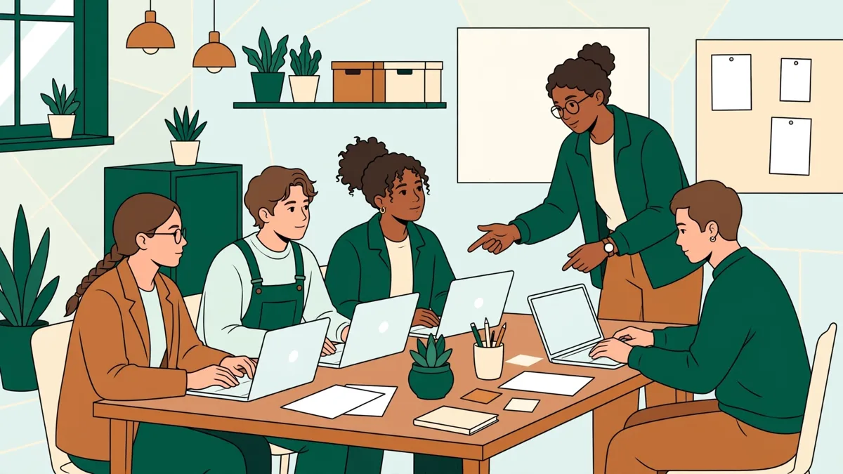 Illustration : quatre apprentis autour d'une table s'exercent sur des bulletins pendant qu'un formateur explique un calcul au tableau.