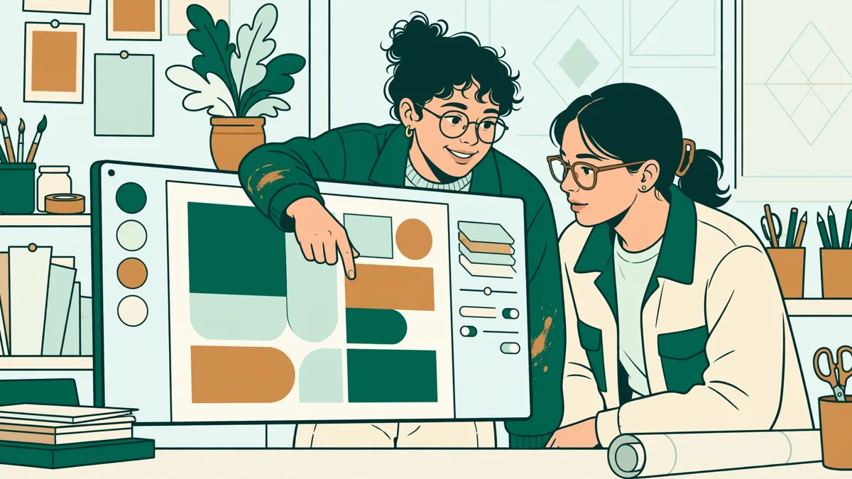 Deux apprentis devant un grand écran qui ajustent ensemble la mise en page d'une affiche