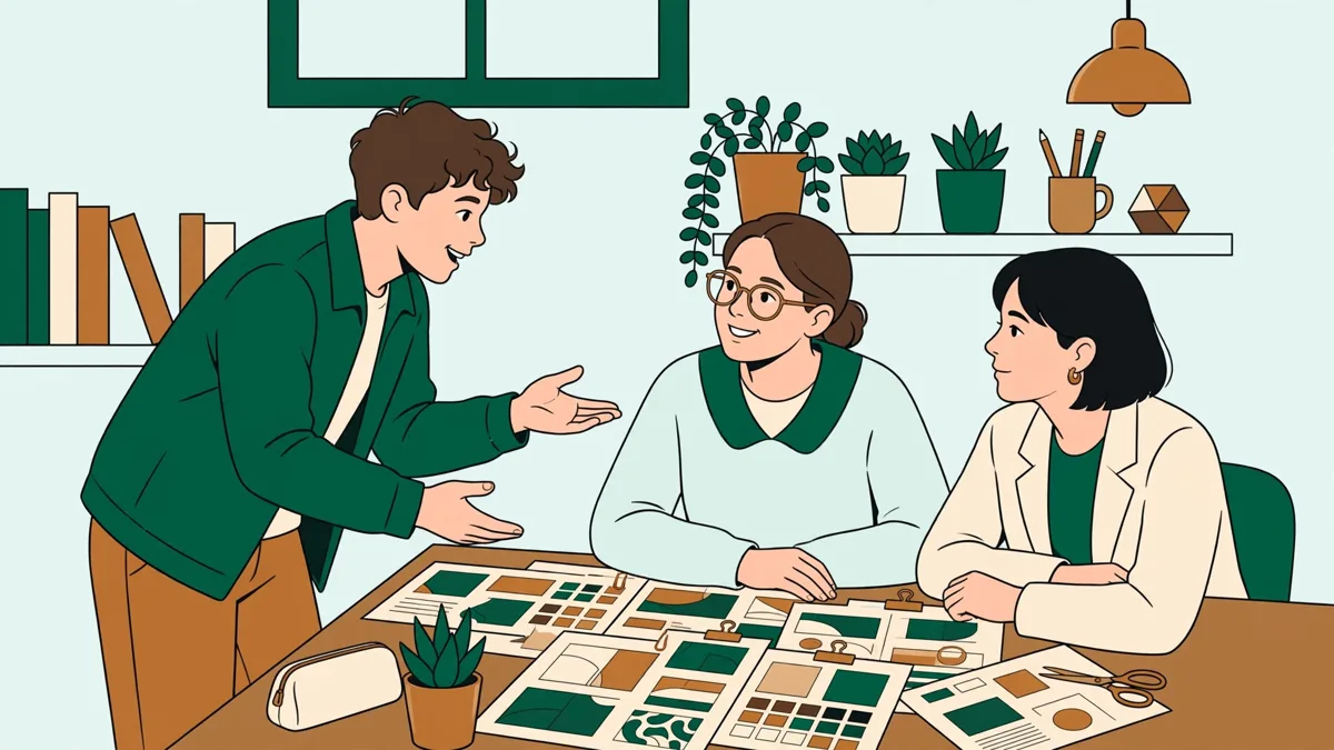 Une apprentie qui présente des propositions de visuels à deux collègues autour d'une table