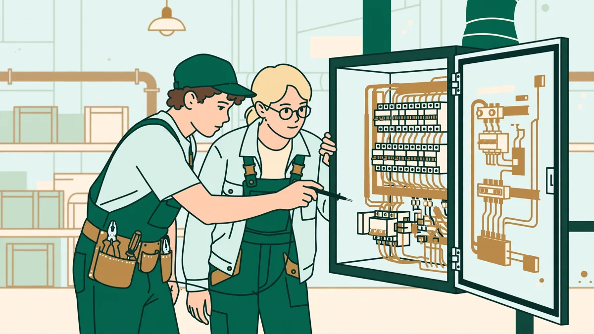 Deux apprentis en tenue de travail devant une armoire électrique industrielle ouverte, l'un testant un circuit au multimètre