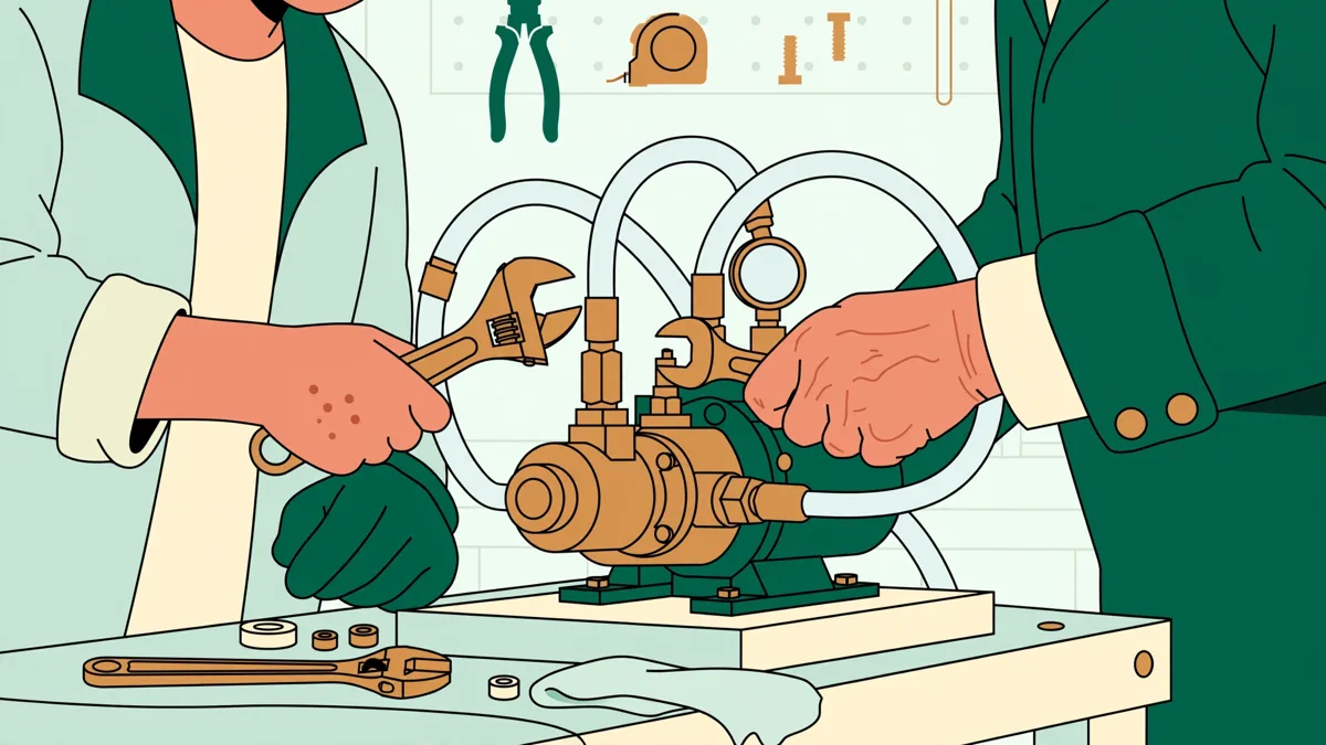Un apprenti et un technicien expérimenté réglant ensemble une pompe avec des flexibles hydrauliques sur un banc d'atelier
