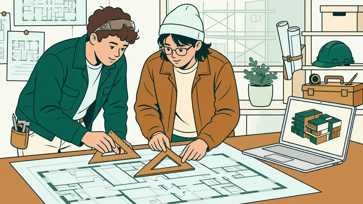Deux apprentis qui métrent un plan de bâtiment, règle sur le plan et maquette 3D à l'écran.