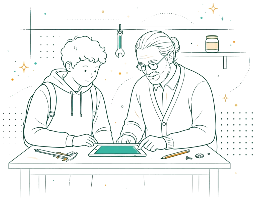 Dessin au trait : apprenti en entreprise avec son maître d’apprentissage