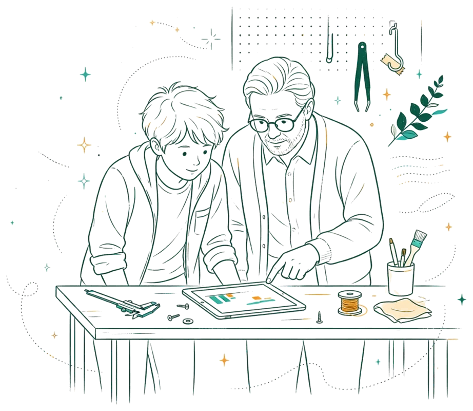 Dessin au trait : apprenti en entreprise avec son maître d'apprentissage