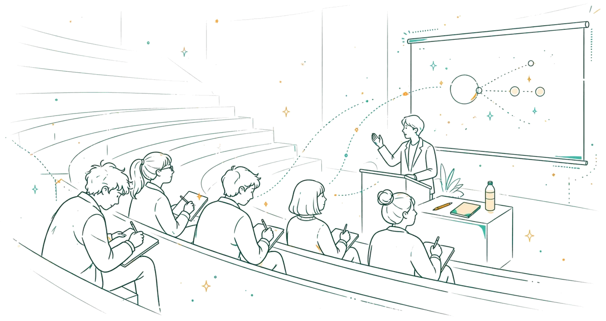 Dessin au trait : cours en amphithéâtre à l’université