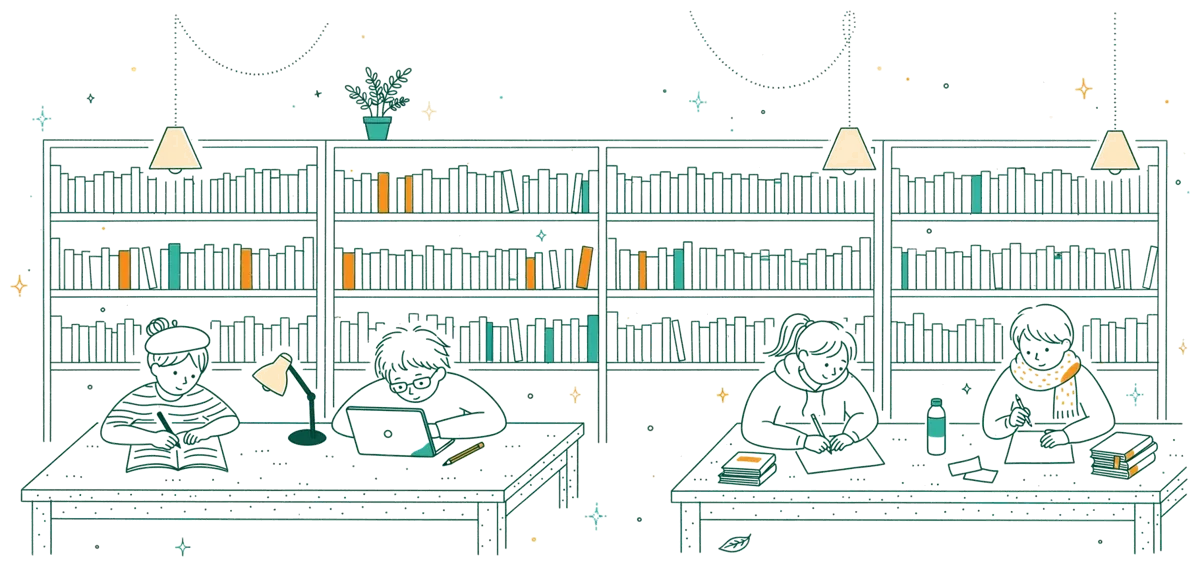Dessin au trait : étudiants qui travaillent à la bibliothèque