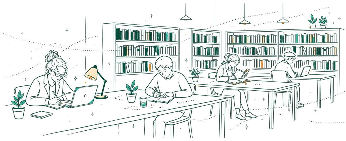 Dessin au trait : étudiants qui travaillent à la bibliothèque