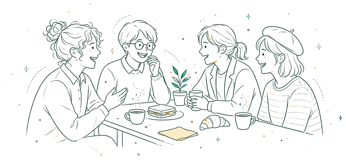 Dessin au trait : la pause entre étudiants à la cafétéria