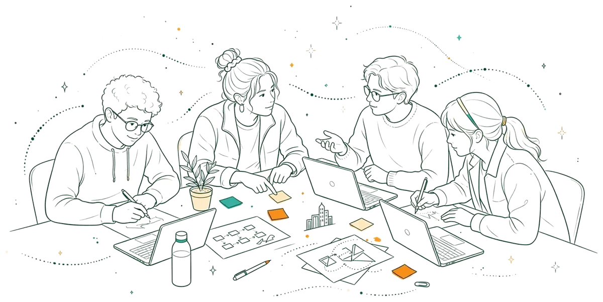Dessin au trait : travail de groupe autour d’une table en classe
