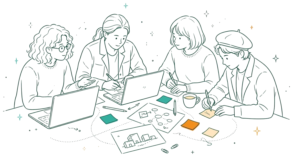 Dessin au trait : travail de groupe autour d’une table