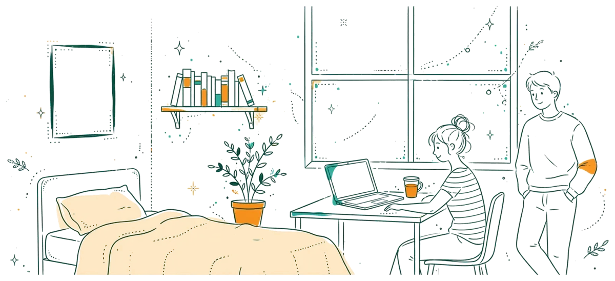 Dessin au trait : chambre de résidence étudiante meublée