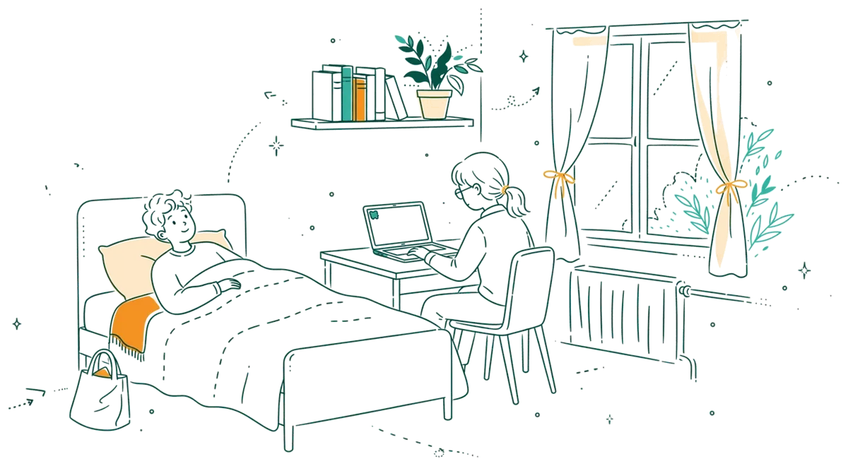 Dessin au trait : chambre d'internat avec lit et bureau