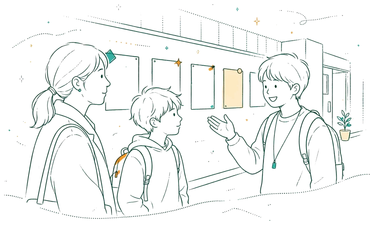 Dessin au trait : une famille visite une école pendant une journée portes ouvertes