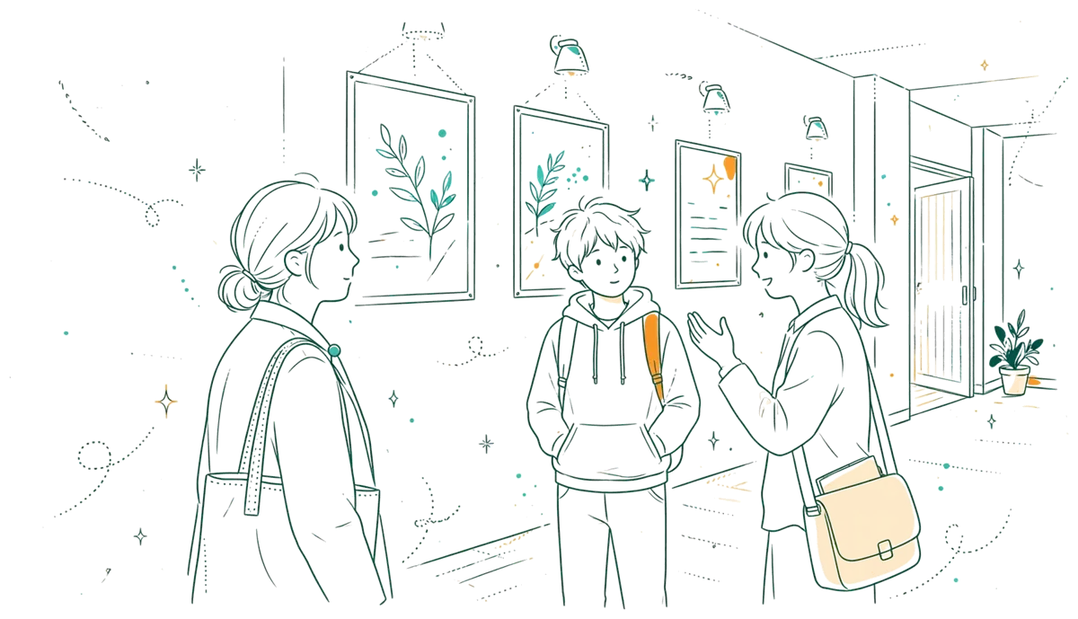 Dessin au trait : familles visitant l'école lors des portes ouvertes