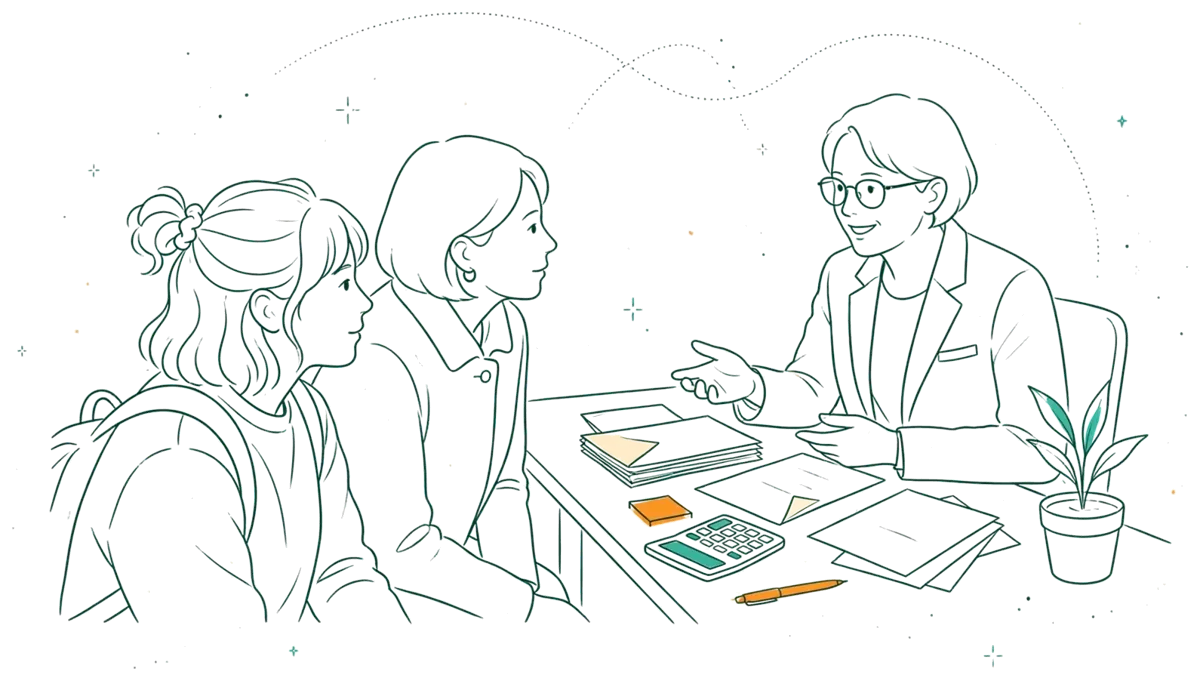Dessin au trait : rendez-vous avec un conseiller pour un prêt