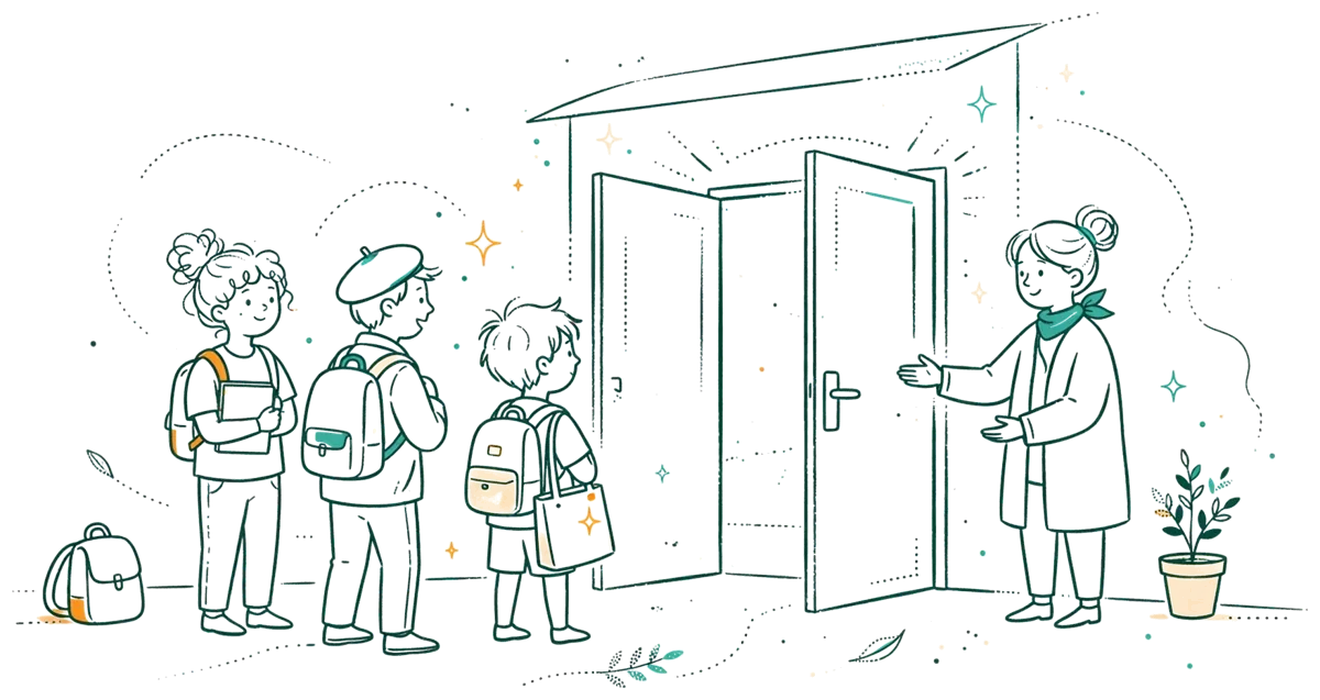 Dessin au trait : jour de rentrée dans le hall de l’école