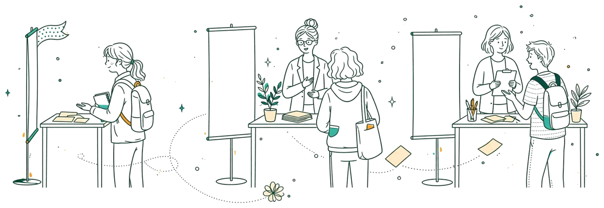 Dessin au trait : salon de l’emploi avec stands et étudiants