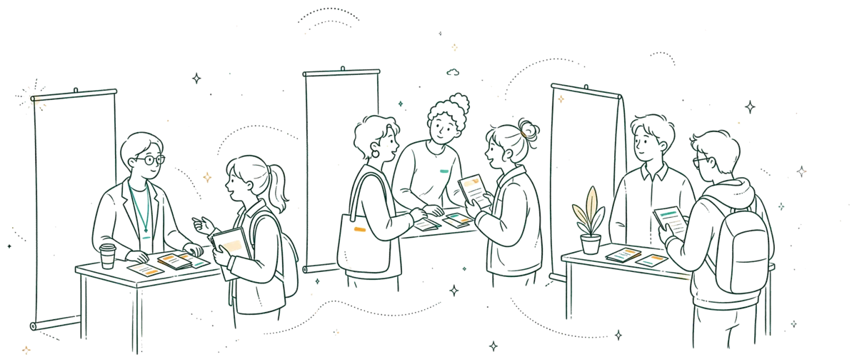 Dessin au trait : salon de l'emploi avec stands et étudiants