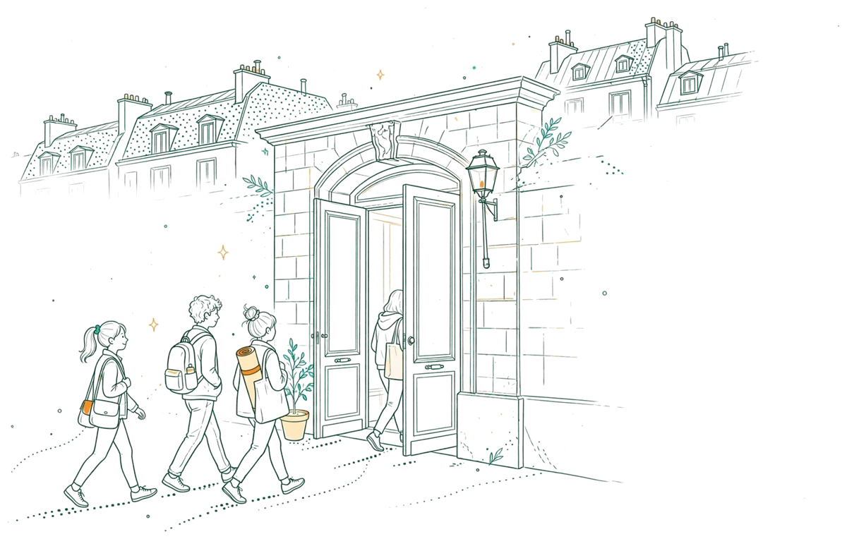Dessin au trait : entrée d’immeuble parisien avec étudiants