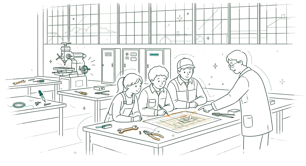 Dessin au trait : étudiants et formateur autour d’un plan en atelier