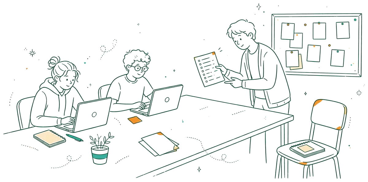 Dessin au trait : étudiants préparant CV et candidatures sur ordinateurs