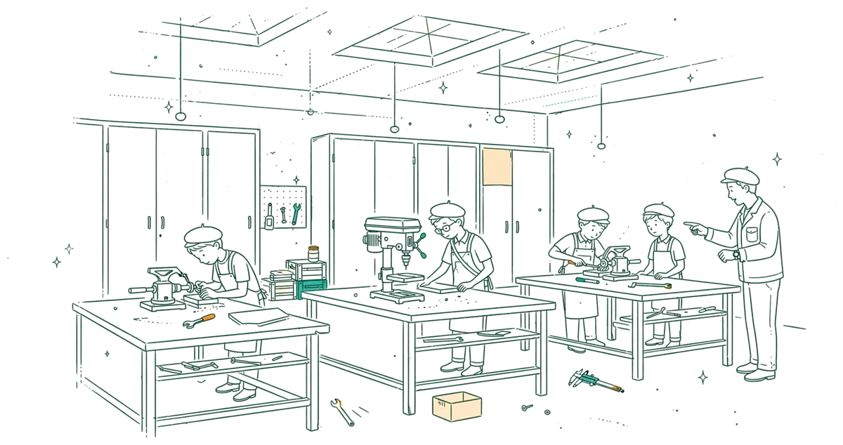 Dessin au trait : grand atelier avec établis et apprentis