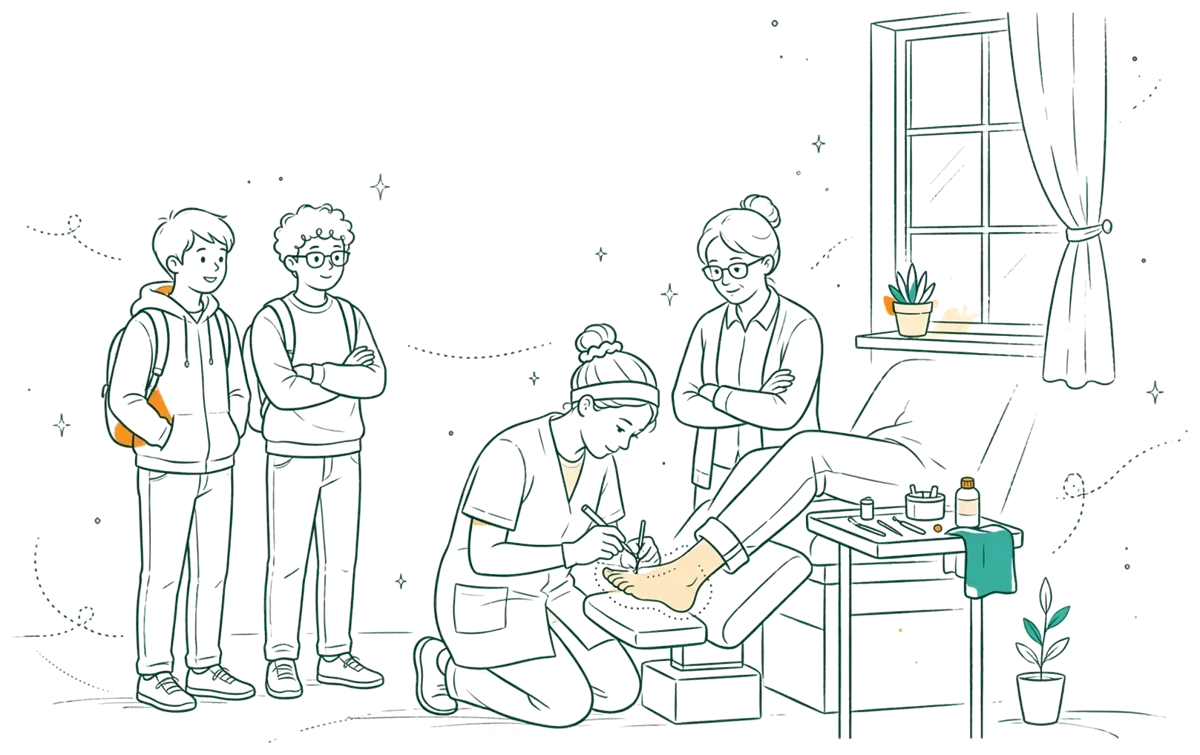 Dessin au trait : immersion découverte dans la salle de soins podologiques.