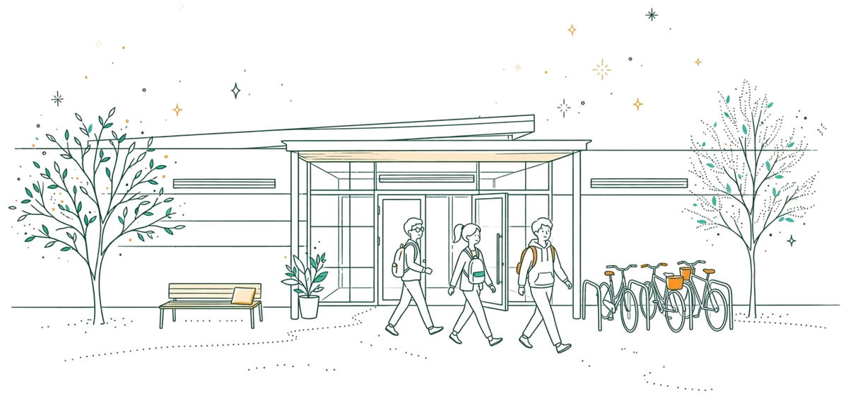 Dessin au trait : l'entrée du campus avec des étudiants.
