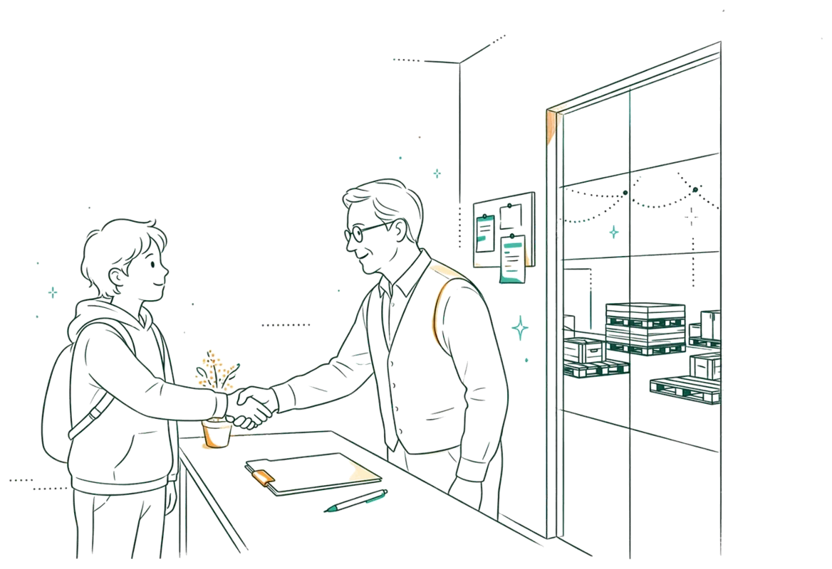 Dessin au trait : apprenti et manager autour d’un contrat