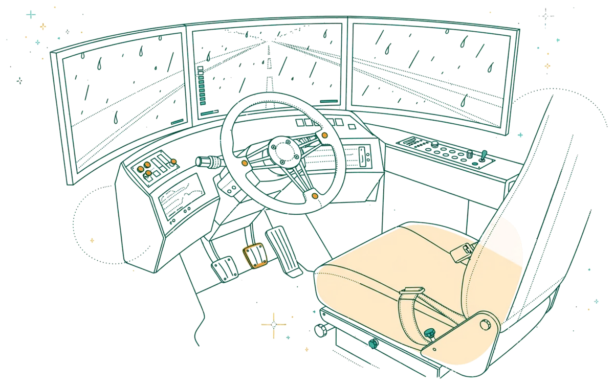 Dessin au trait : cockpit de simulateur de conduite camion