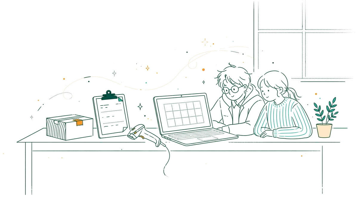 Dessin au trait : ordinateur et outils de suivi logistique