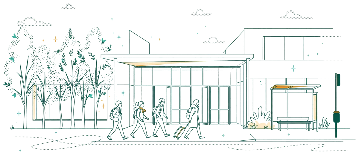 Dessin au trait : entrée du campus avec étudiants devant le bâtiment