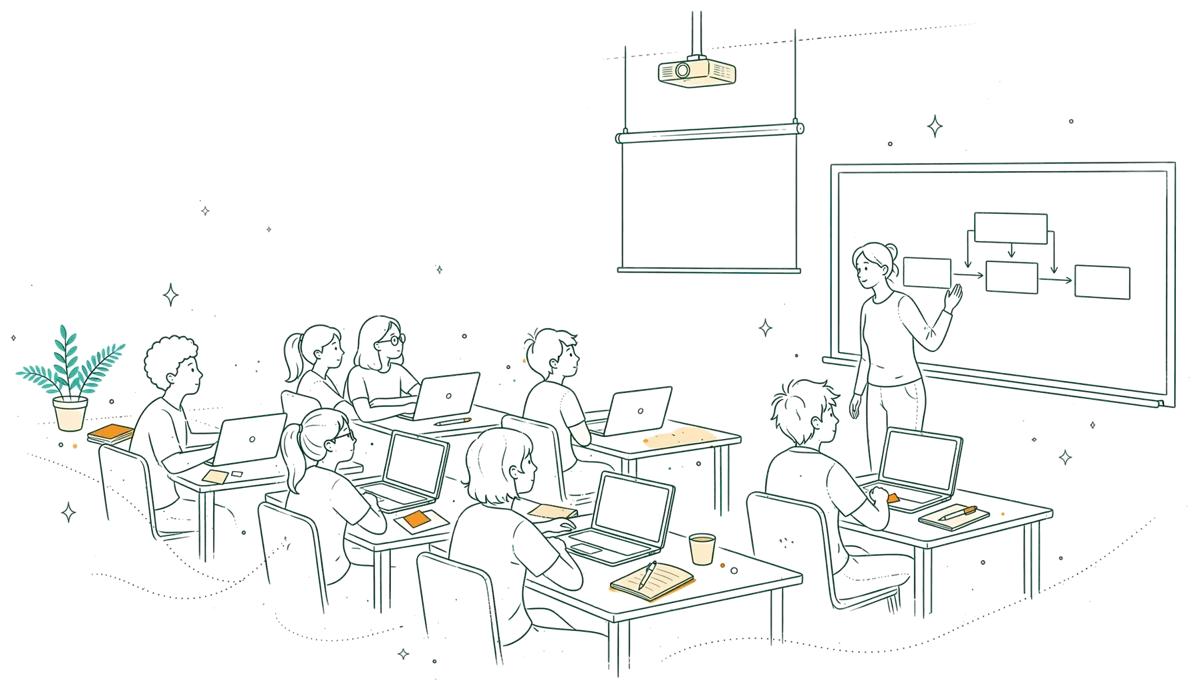 Dessin au trait : cours en salle avec tableau et ordinateurs portables