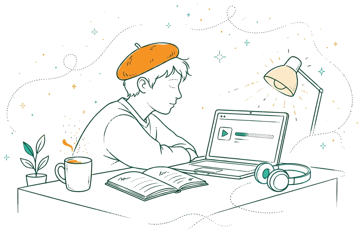 Dessin au trait : étudiant qui suit un cours en ligne sur portable