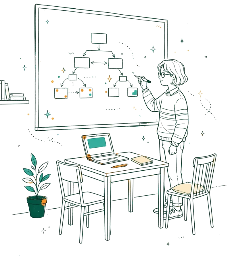 Dessin au trait : étudiant devant un tableau avec schéma de données