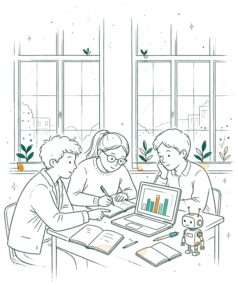Dessin au trait : étudiants autour d'un portable avec graphiques en salle de cours