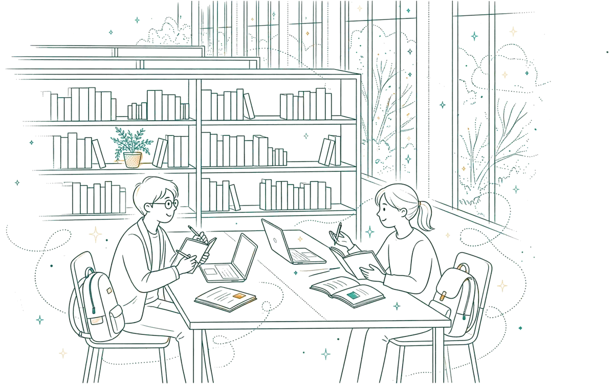 Dessin au trait : étudiants révisant en bibliothèque universitaire