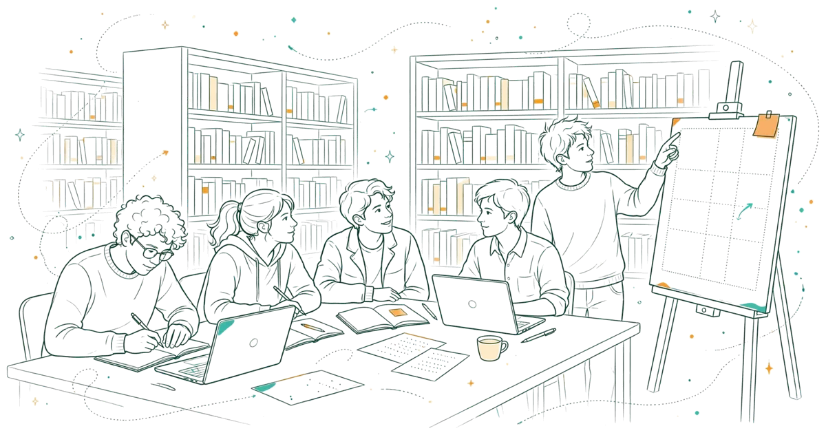 Dessin au trait : des étudiants en travail de groupe autour d’une table