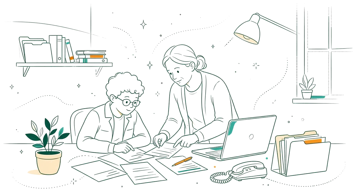 Dessin au trait : apprenti au bureau avec son tuteur