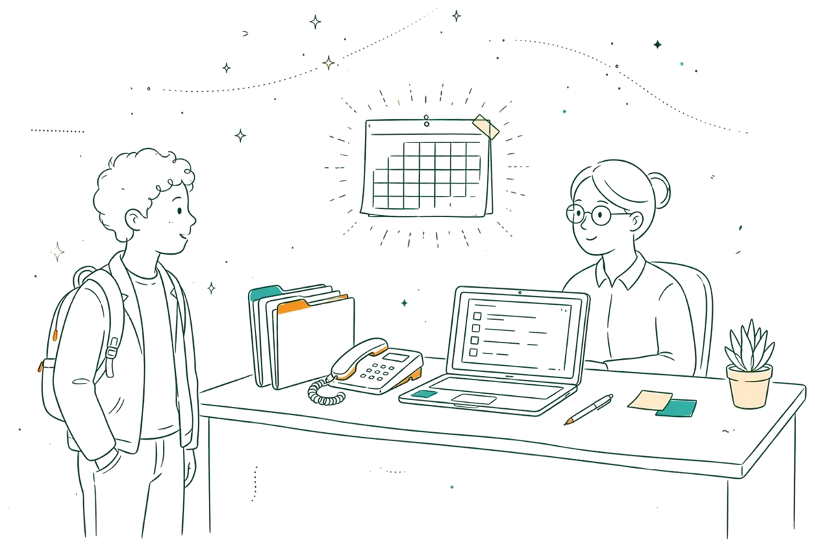 Dessin au trait : bureau des admissions avec calendrier et dossier