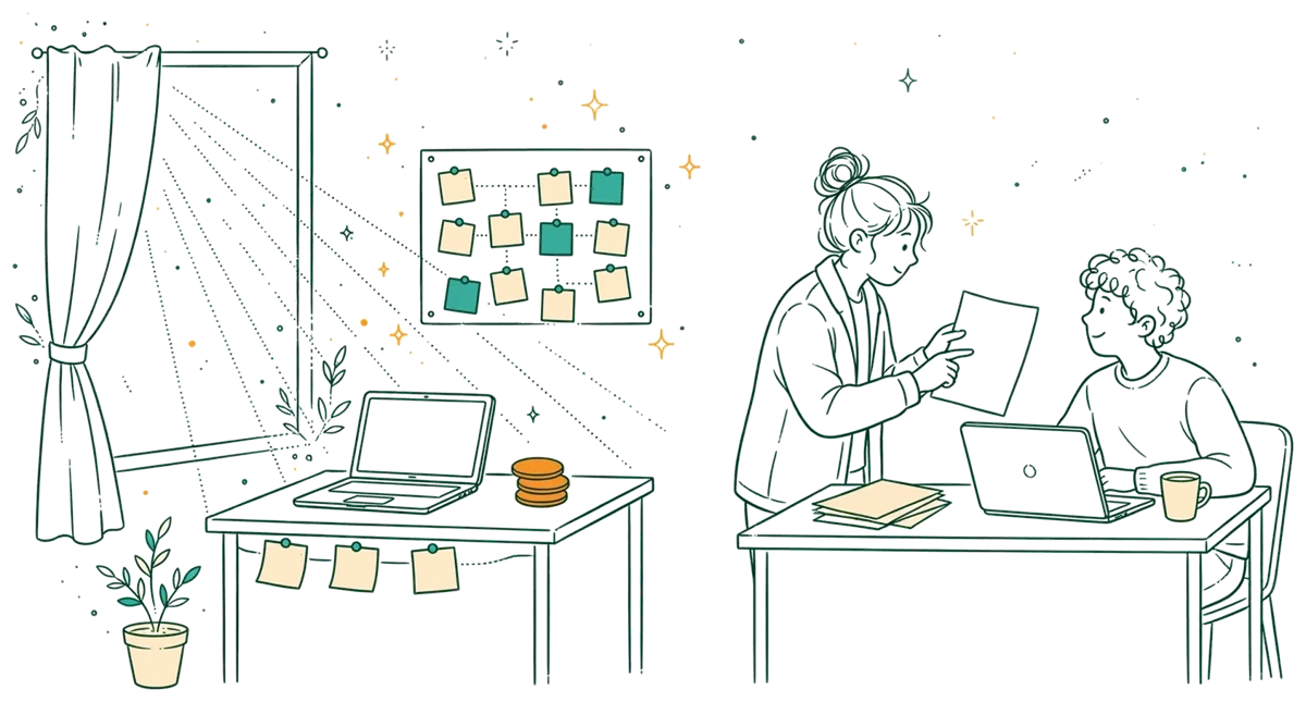 Dessin au trait : alternante en communication événementielle au bureau